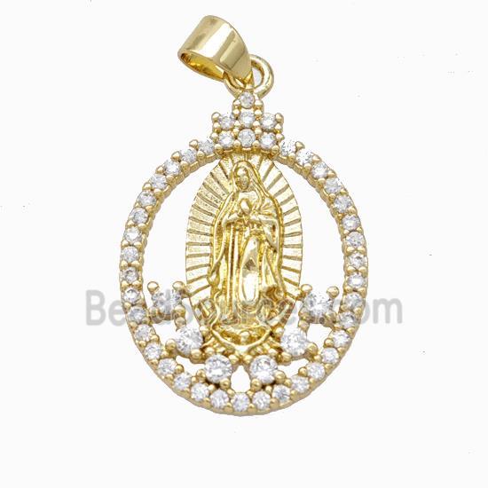 Virgin Mary Charms Copper Oval Pendant Micropave Zirconia Gold Plated