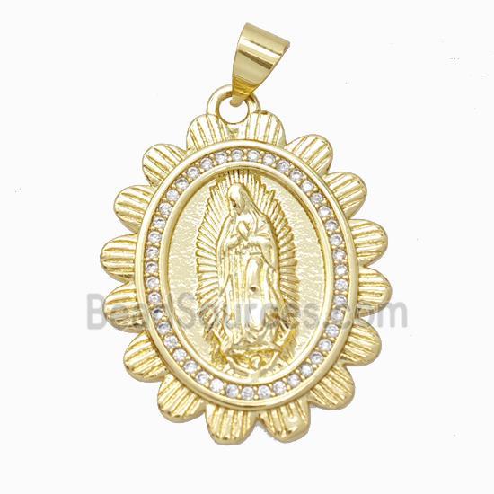 Virgin Mary Charms Copper Oval Pendant Micropave Zirconia Gold Plated