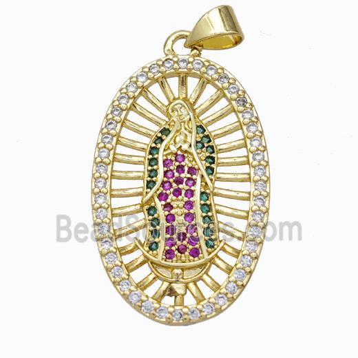 Jesus Charms Copper Pendant Pave Zirconia Oval Gold Plated