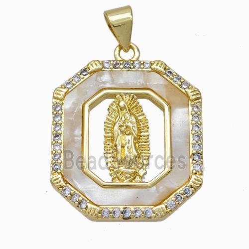 Jesus Charms Copper Pendant Pave Shell Zirconia Rectangle Gold Plated