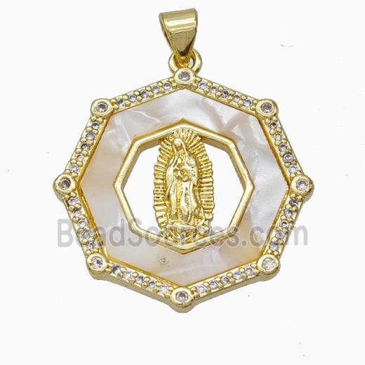 Jesus Charms Copper Pendant Pave Shell Zirconia Octagon Gold Plated