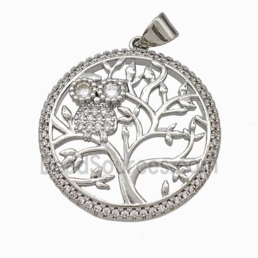 Copper Tree Pendant Micropave Zirconia Owl Platinum Plated