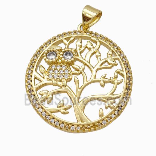 Copper Tree Pendant Micropave Zirconia Owl Gold Plated