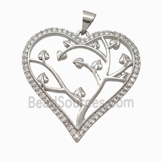 Copper Tree Pendant Micropave Zirconia Heart Platinum Plated