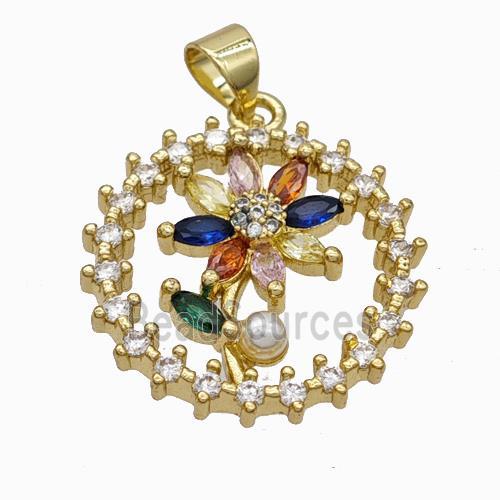 Copper Flower Pendant Micropave Zirconia Gold Plated