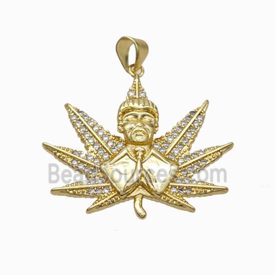 Copper Buddha Pendant Micropave Zirconia Maple Leaf Gold Plated