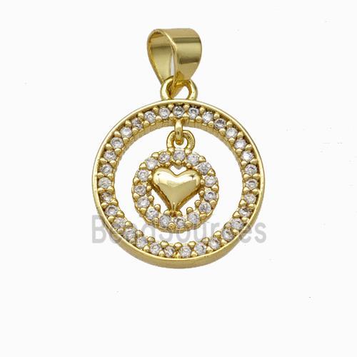 Copper Circle Pendant Micropave Zirconia Heart Gold Plated