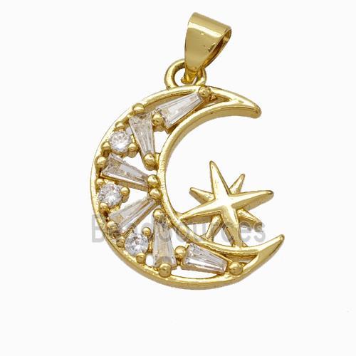 Copper Moon Pendant Pave Zirconia Star Gold Plated