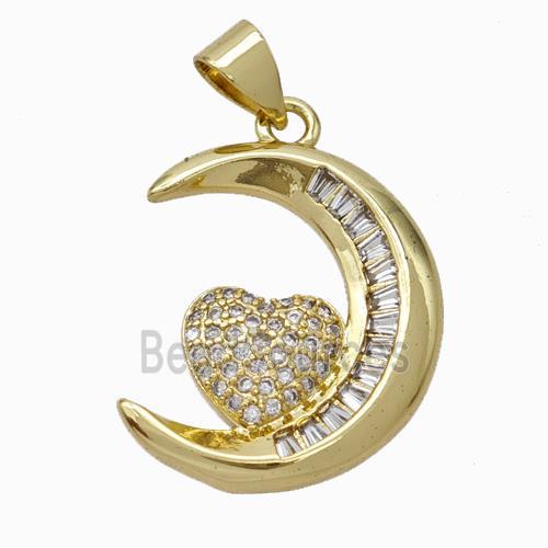 Copper Moon Pendant Pave Zirconia Heart Gold Plated