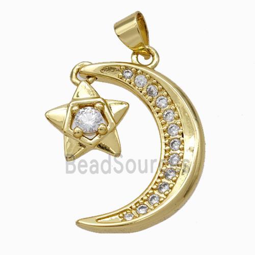 Copper Moon Pendant Pave Zirconia Star Gold Plated