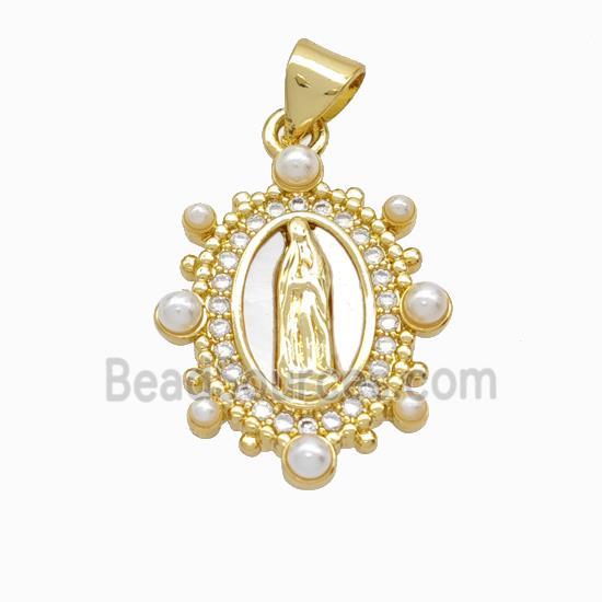 copper pendant pave zircon and shell bead, gold plated