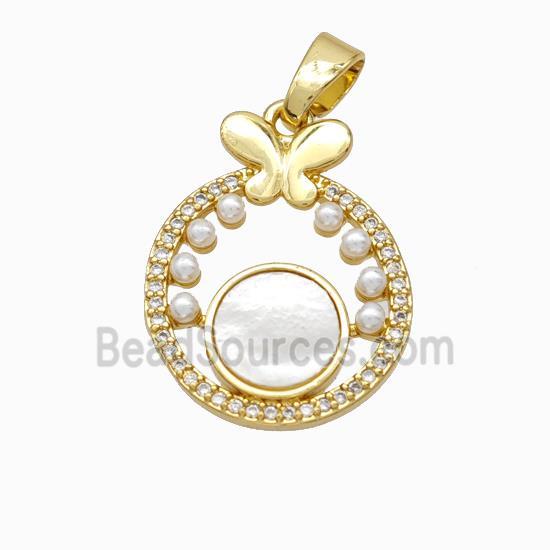 copper pendant pave zircon and shell bead, gold plated