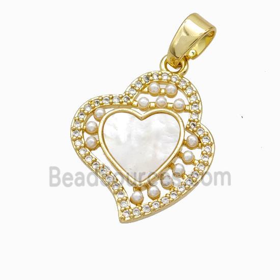 copper pendant pave zircon and shell bead, gold plated