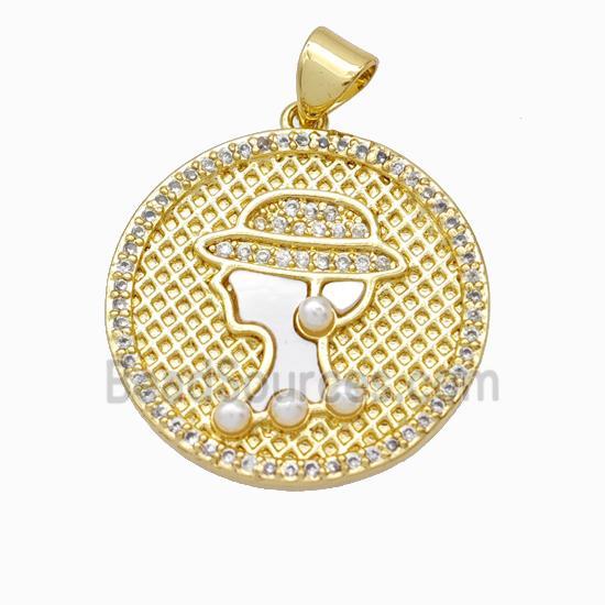 copper pendant pave zircon and shell bead, gold plated