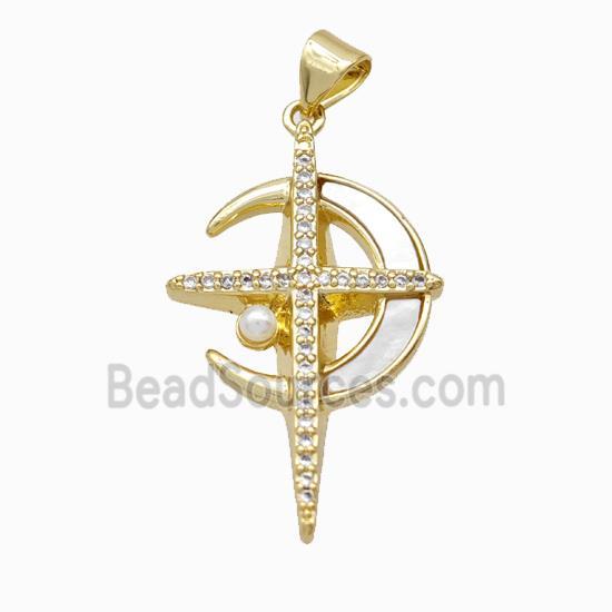 copper pendant pave zircon and shell bead, gold plated