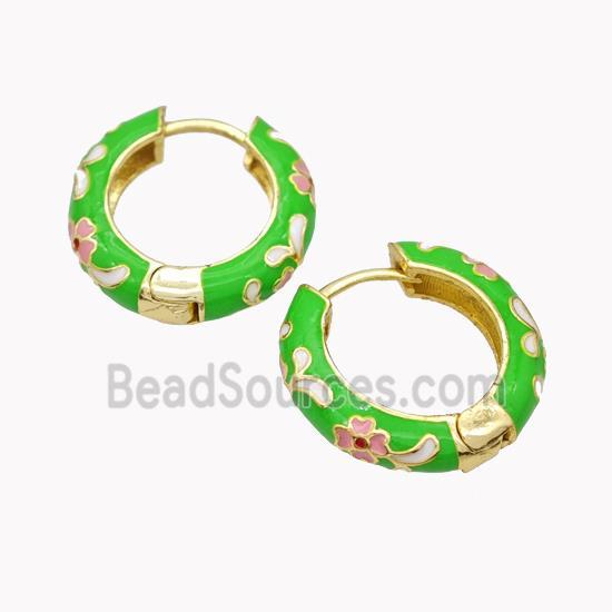 Copper Hoop Earrings Green Enamel Flower Gold Plated