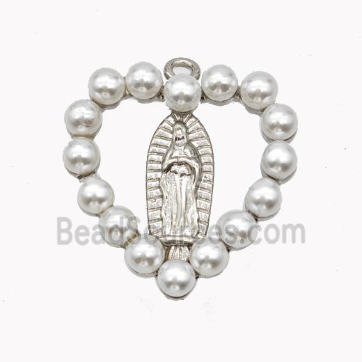 Virgin Mary Charms Copper Heart Pendant Pave Pearlized Resin Platinum Plated