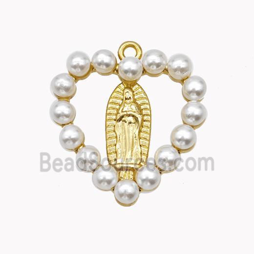 Virgin Mary Charms Copper Heart Pendant Pave Pearlized Resin Gold Plated