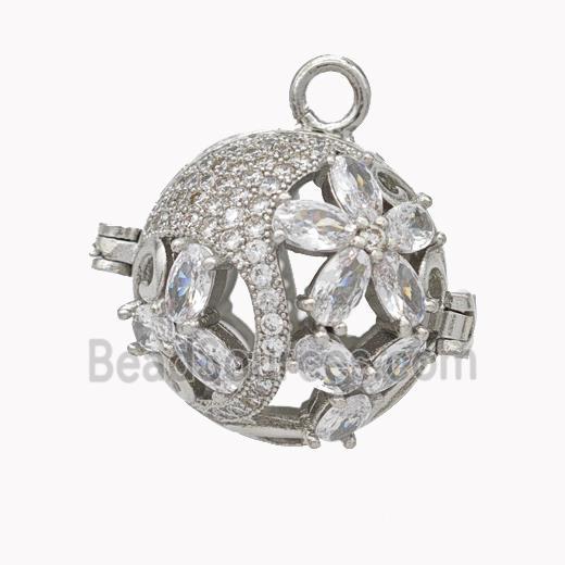 Copper Ball Flower Locket Pendant Pave Zirconia Platinum Plated