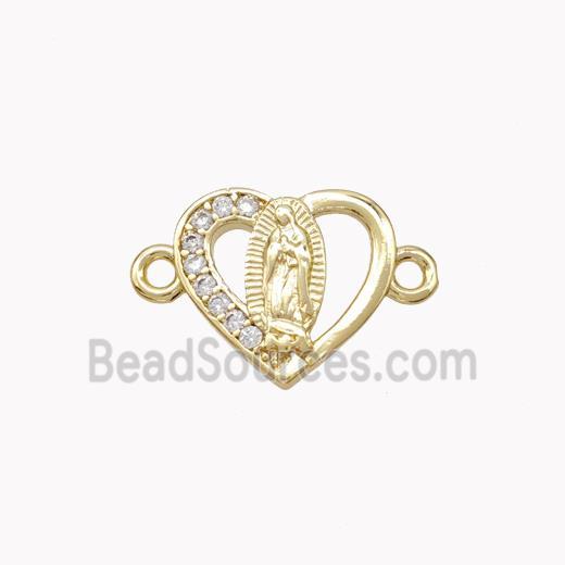 Virgin Mary Charms Copper Heart Connector Pave Zirconia Gold Plated