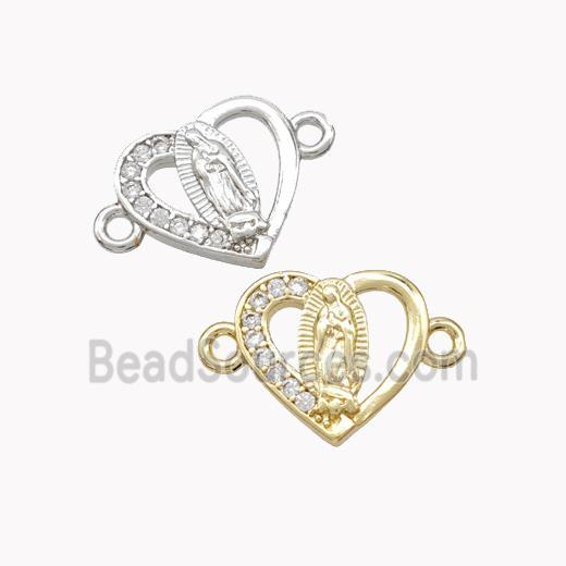 Virgin Mary Charms Copper Heart Connector Pave Zirconia Mixed