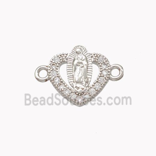 Virgin Mary Charms Copper Heart Connector Pave Zirconia Platinum Plated