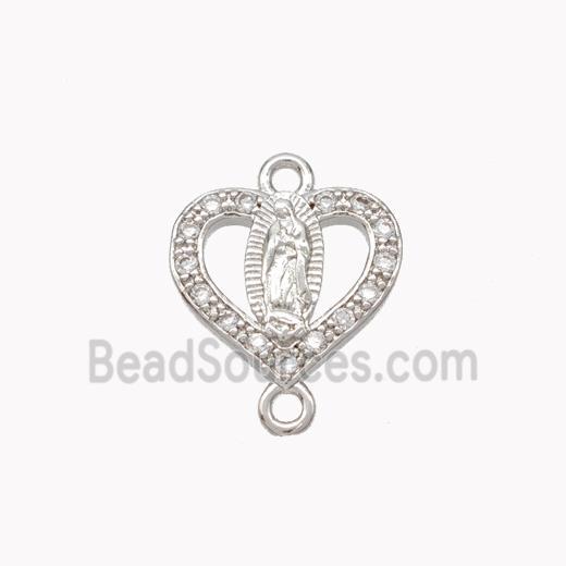 Virgin Mary Charms Copper Heart Connector Pave Zirconia Platinum Plated