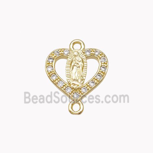 Virgin Mary Charms Copper Heart Connector Pave Zirconia Gold Plated