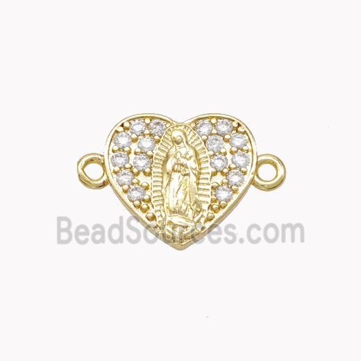 Virgin Mary Charms Copper Heart Connector Pave Zirconia Gold Plated