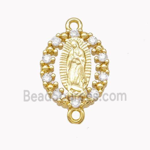 Virgin Mary Charms Copper Oval Connector Pave Zirconia Gold Plated