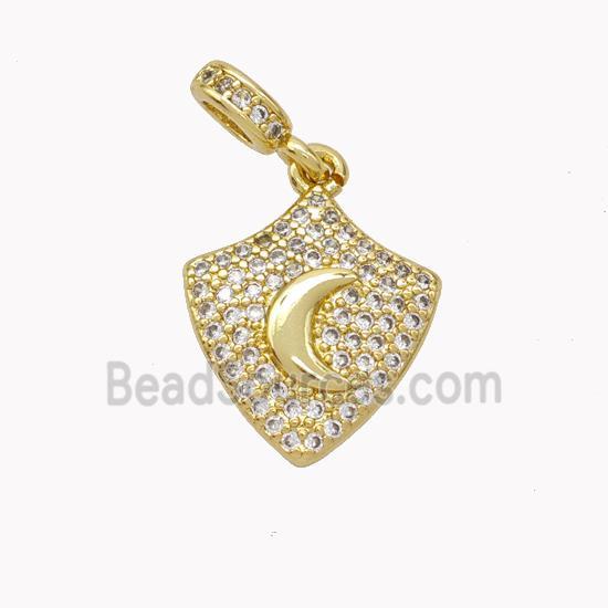 Copper Shield Pendant Pave Zirconia Moon Gold Plated