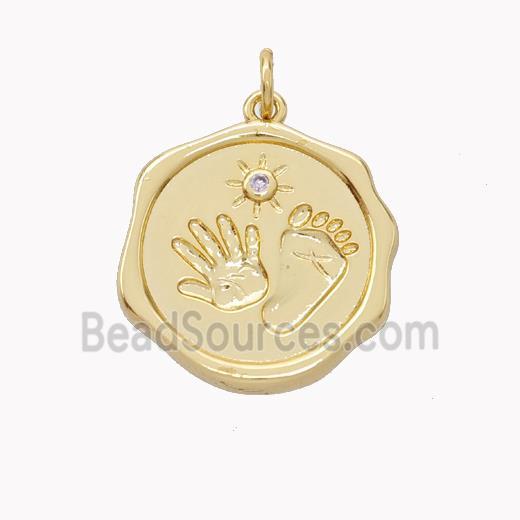 Copper Hand Footprint Pendant Pave Zirconia Circle Gold Plated