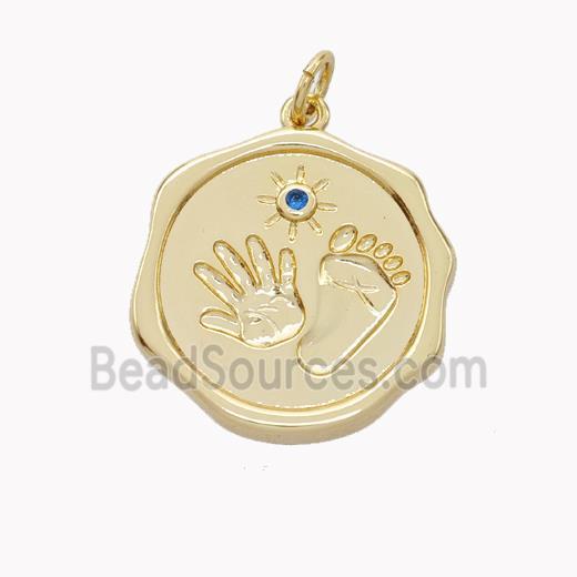 Copper Hand Footprint Pendant Pave Zirconia Circle Gold Plated