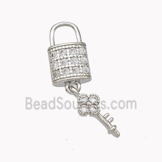 Copper Lock Key Pendant Pave Zirconia Platinum Plated