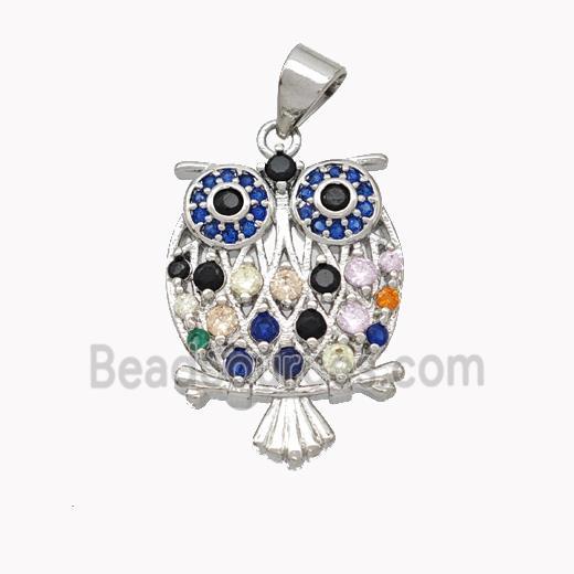 Copper Owl Pendant Pave Multicolor Zirconia Birds Platinum Plated