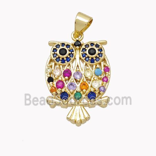 Copper Owl Pendant Pave Multicolor Zirconia Birds Gold Plated