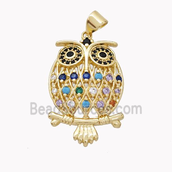 Copper Owl Pendant Pave Multicolor Zirconia Birds Gold Plated