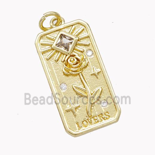 Copper Tarot Card Pendant Pave Zirconia Flower Gold Plated