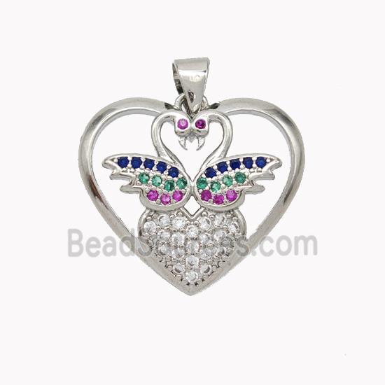 Copper Swan Pendant Micropave Zirconia Heart Platinum Plated