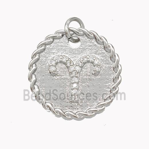 Sign Of Aries Copper Circle Pendant Pave Zirconia Zodiac Platinum Plated