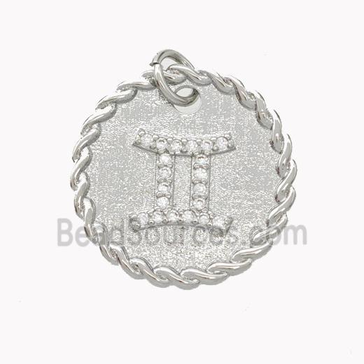 Sign Of Gemini Copper Circle Pendant Pave Zirconia Zodiac Platinum Plated