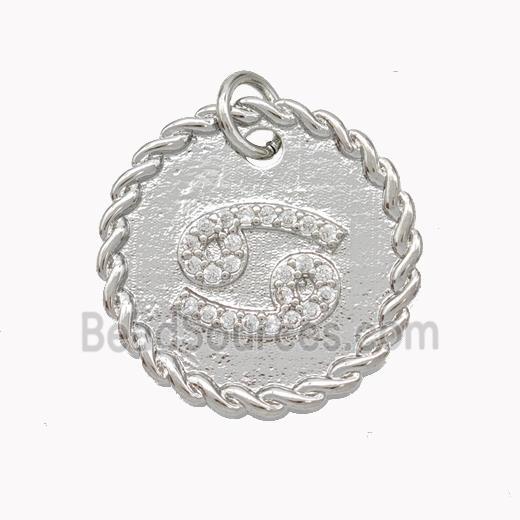 Sign Of Cancer Copper Circle Pendant Pave Zirconia Zodiac Platinum Plated