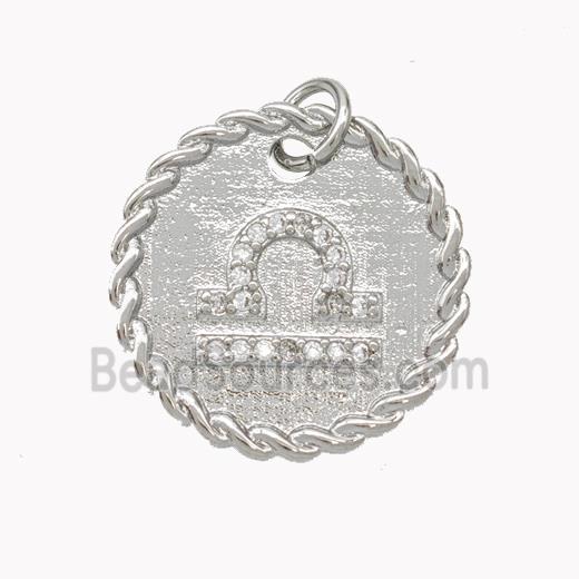 Sign Of Libra Copper Circle Pendant Pave Zirconia Zodiac Platinum Plated