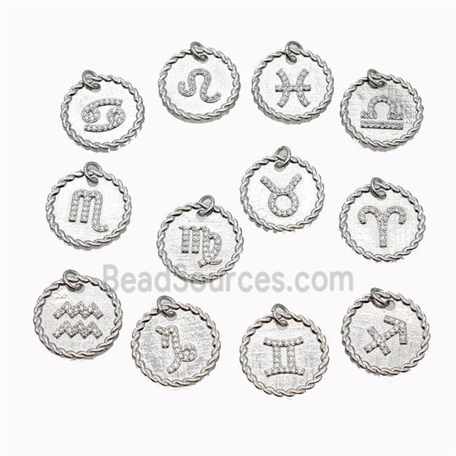 Sign Of Zodiac Copper Circle Pendant Pave Zirconia Platinum Plated Mixed