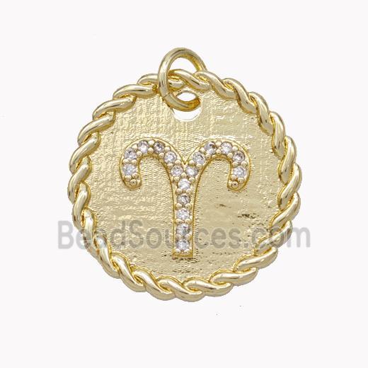 Sign Of Aries Copper Circle Pendant Pave Zirconia Zodiac Gold Plated