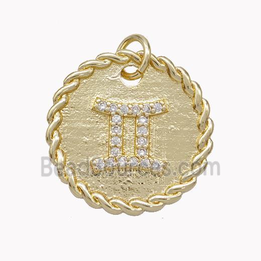 Sign Of Gemini Copper Circle Pendant Pave Zirconia Zodiac Gold Plated