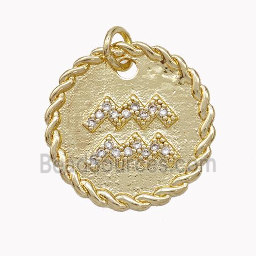 Sign Of Aquarius Copper Circle Pendant Pave Zirconia Zodiac Gold Plated