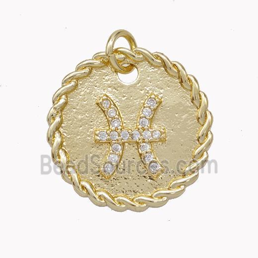 Sign Of Pisces Copper Circle Pendant Pave Zirconia Zodiac Gold Plated