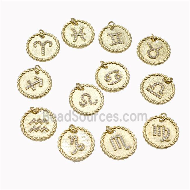 Sign Of Zodiac Copper Circle Pendant Pave Zirconia Gold Plated Mixed