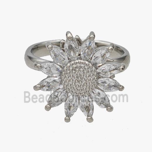 Copper Sunflower Rings Pave Zirconia Rotatable Adjustable Platinum Plated